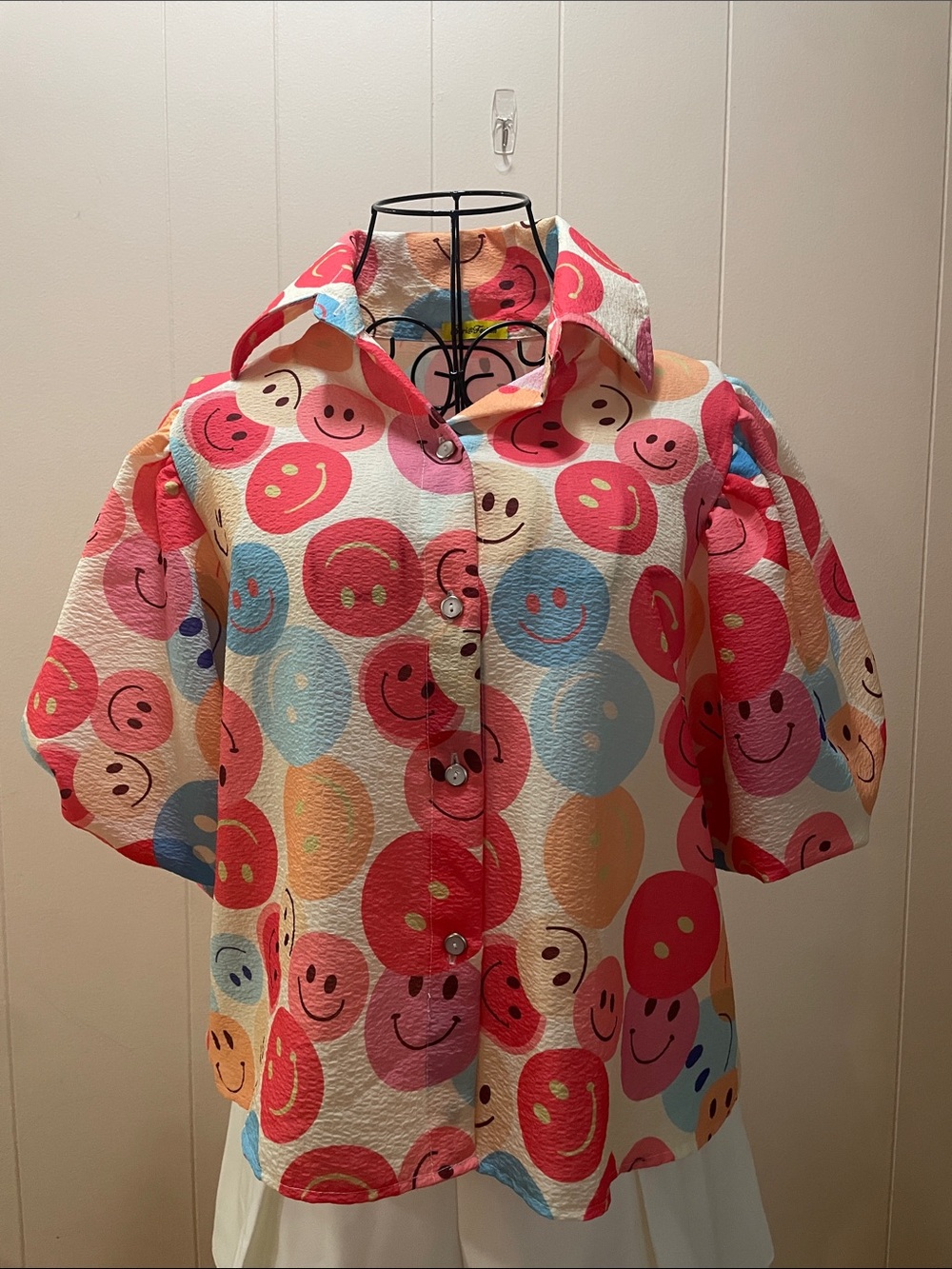 Smiley Face Button-Up Shirt in Coral, Peach & Blue